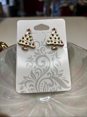 White Enamel Christmas Tree Stud Earrings with Gold Accents